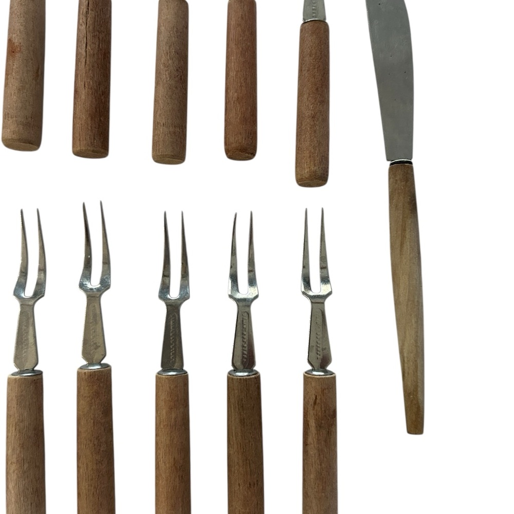 Cocktail  Appetizer Forks And Knife Small Stainless Steel & Wood 15 Pc Vintage - Picture 4 of 15